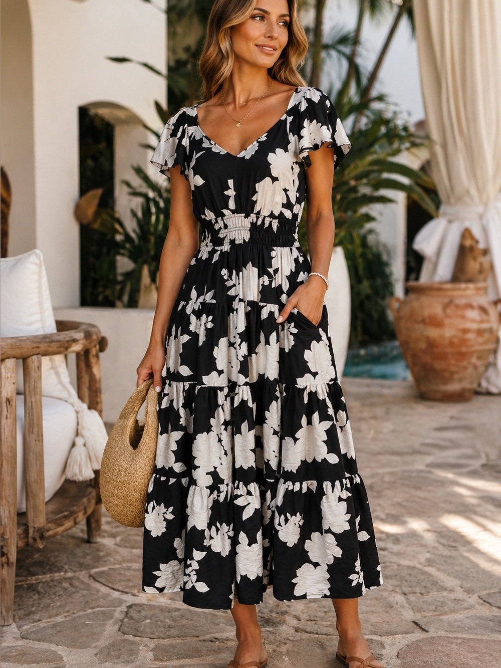 Rachel Zoe Black White Floral Midi Dress Size XS Smocked Waist Ruffle Hem Resort